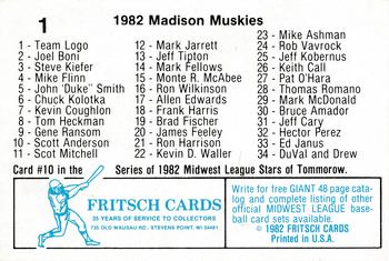 1982 Fritsch Madison Muskies #1 Checklist Back