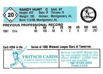 1982 Fritsch Springfield Cardinals #20 Randy Hunt Back