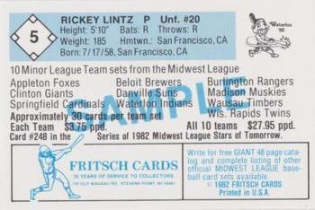 1982 Fritsch Waterloo Indians #5 Rickey Lintz Back