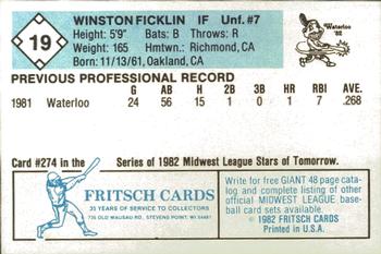 1982 Fritsch Waterloo Indians #19 Winston Ficklin Back
