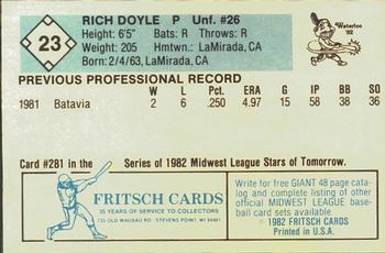 1982 Fritsch Waterloo Indians #23 Rich Doyle Back