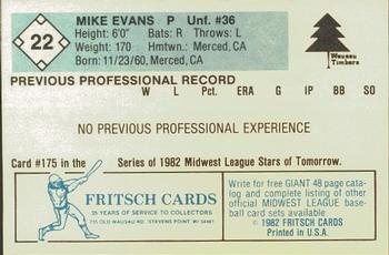 1982 Fritsch Wausau Timbers #22 Mike Evans Back