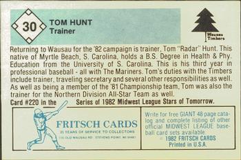 1982 Fritsch Wausau Timbers #30 Tom Hunt Back