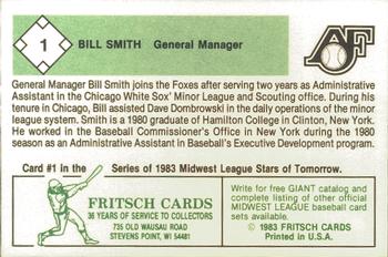 1983 Fritsch Appleton Foxes #1 Bill Smith Back
