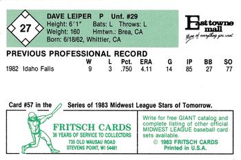 1983 Fritsch Madison Muskies #27 Dave Leiper Back