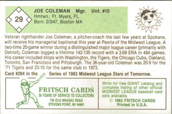 1983 Fritsch Peoria Suns #29 Joe Coleman Back