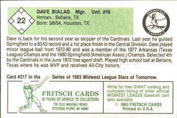 1983 Fritsch Springfield Cardinals #22 Dave Bialas Back