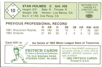 1983 Fritsch Visalia Oaks #10 Stan Holmes Back