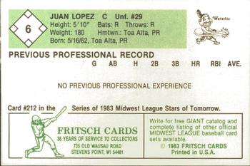 1983 Fritsch Waterloo Indians #6 Juan Lopez Back