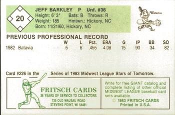 1983 Fritsch Waterloo Indians #20 Jeff Barkley Back