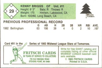 1983 Fritsch Wausau Timbers #29 Kenny Briggs Back