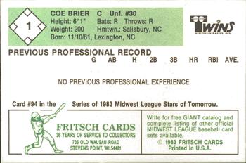 1983 Fritsch Wisconsin Rapids Twins #1 Coe Brier Back