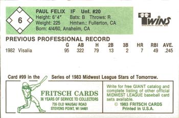 1983 Fritsch Wisconsin Rapids Twins #6 Paul Felix Back