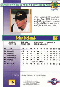 1999 Blueline Norwich Navigators #16 Brian McLamb Back