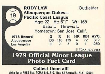 1979 TCMA Albuquerque Dukes #19 Rudy Law Back