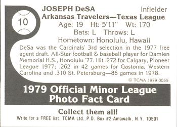 1979 TCMA Arkansas Travelers #10 Joseph DeSa Back