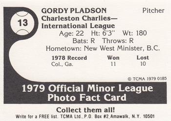 1979 TCMA Charleston Charlies #13 Gordy Pladson Back