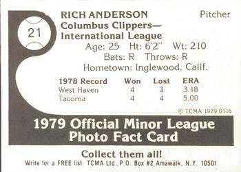 1979 TCMA Columbus Clippers #21 Rich Anderson Back