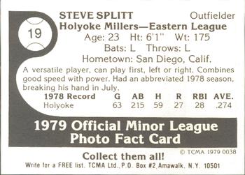 1979 TCMA Holyoke Millers #19 Steve Splitt Back