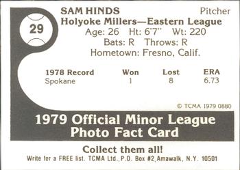 1979 TCMA Holyoke Millers #29 Sam Hinds Back
