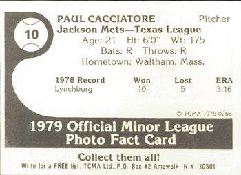 1979 TCMA Jackson Mets #10 Paul Cacciatore Back