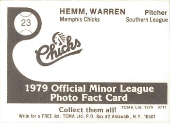 1979 TCMA Memphis Chicks #23 Warren Hemm Back