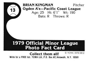 1979 TCMA Ogden A's #13 Brian Kingman Back