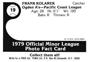 1979 TCMA Ogden A's #19 Frank Kolarek Back