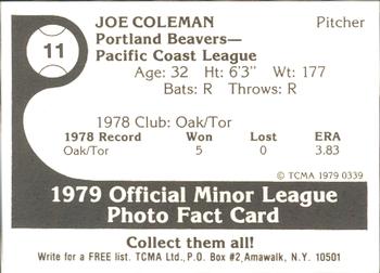 1979 TCMA Portland Beavers #11 Joe Coleman Back