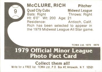 1979 TCMA Quad City Cubs #9 Rich McClure Back