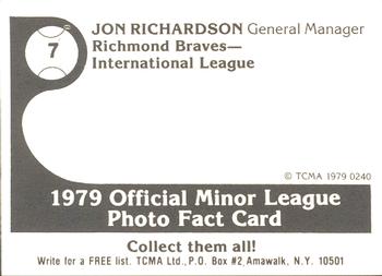 1979 TCMA Richmond Braves #7 Jon Richardson Back