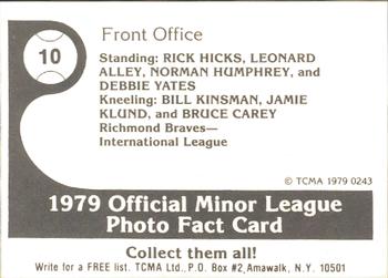 1979 TCMA Richmond Braves #10 Front Office Staff Back