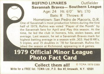 1979 TCMA Savannah Braves #3 Rufino Linares Back