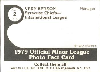 1979 TCMA Syracuse Chiefs #2 Vern Benson Back