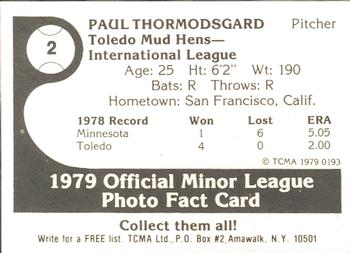 1979 TCMA Toledo Mud Hens #2 Paul Thormodsgard Back
