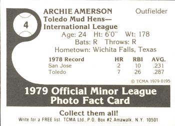 1979 TCMA Toledo Mud Hens #4 Archie Amerson Back
