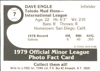 1979 TCMA Toledo Mud Hens #7 Dave Engle Back