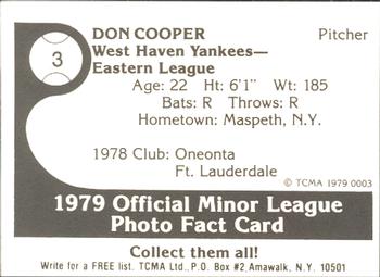 1979 TCMA West Haven Yankees #3 Don Cooper Back