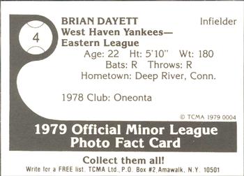 1979 TCMA West Haven Yankees #4 Brian Dayett Back