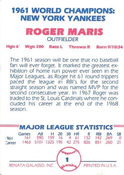 1982 Galasso 1961 World Champions New York Yankees #1 Roger Maris Back