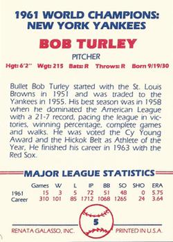 1982 Galasso 1961 World Champions New York Yankees #5 Bob Turley Back