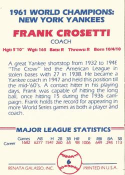 1982 Galasso 1961 World Champions New York Yankees #6 Frankie Crosetti Back