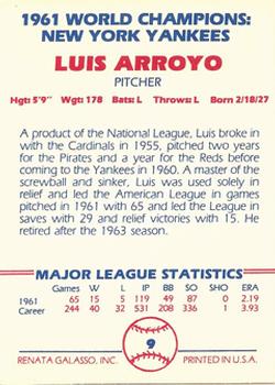 1982 Galasso 1961 World Champions New York Yankees #9 Luis Arroyo Back