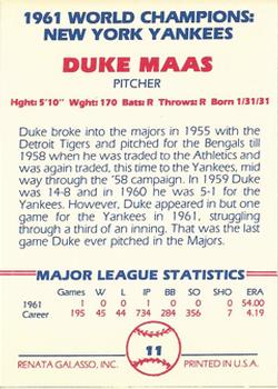 1982 Galasso 1961 World Champions New York Yankees #11 Duke Maas Back