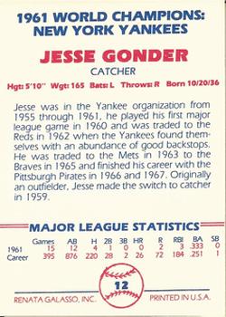 1982 Galasso 1961 World Champions New York Yankees #12 Jesse Gonder Back
