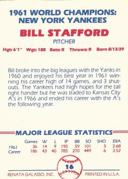 1982 Galasso 1961 World Champions New York Yankees #16 Bill Stafford Back