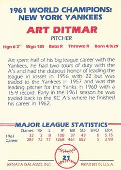 1982 Galasso 1961 World Champions New York Yankees #21 Art Ditmar Back