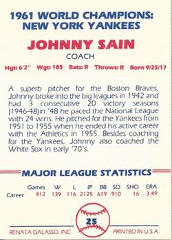 1982 Galasso 1961 World Champions New York Yankees #25 Johnny Sain Back