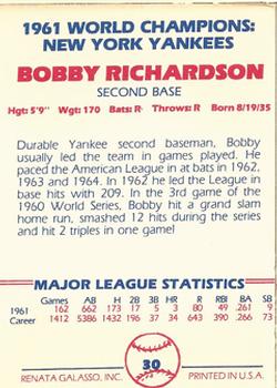 1982 Galasso 1961 World Champions New York Yankees #30 Bobby Richardson Back