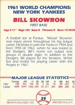 1982 Galasso 1961 World Champions New York Yankees #29 Bill Skowron Back
